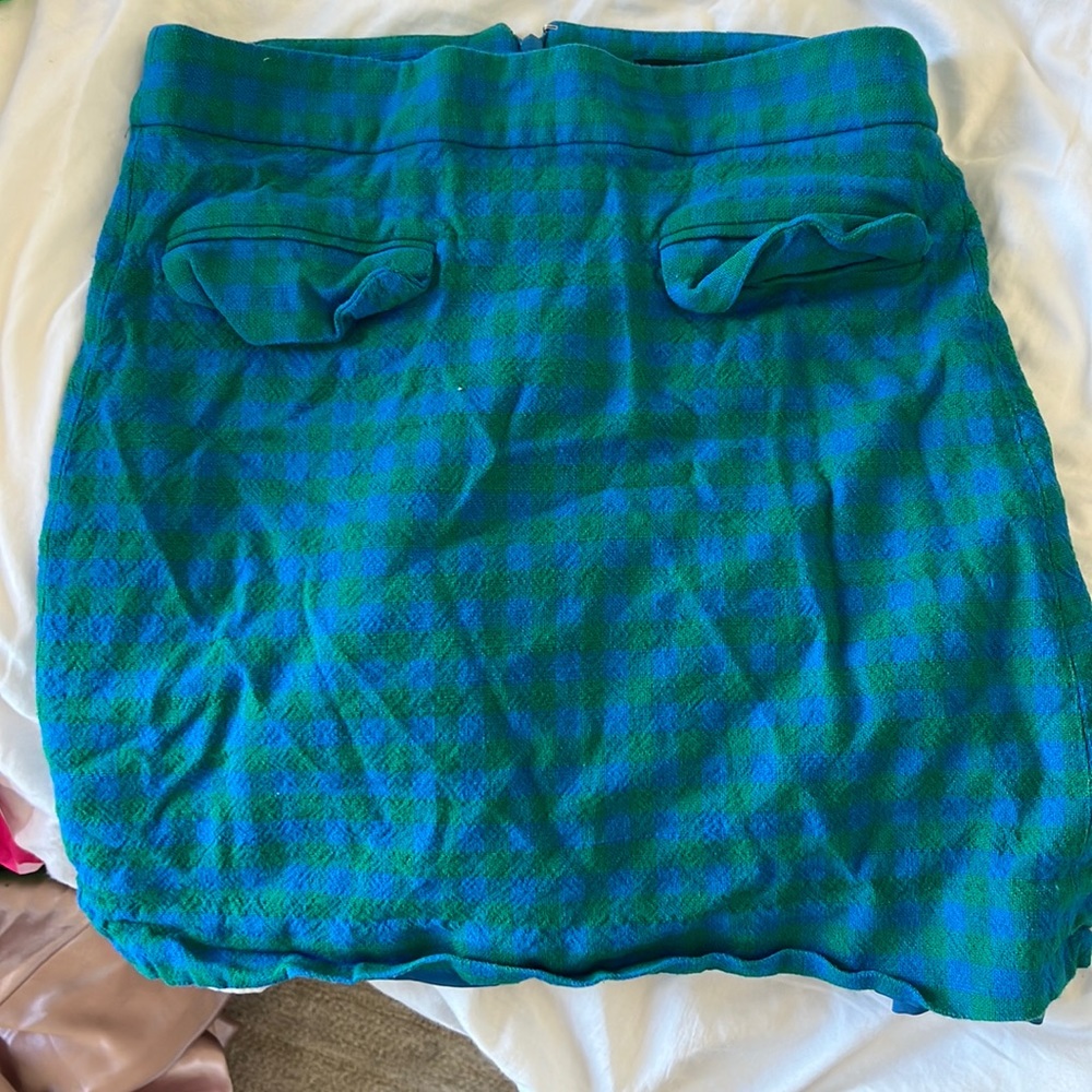 Green and teal work skirt, short not too short but I’m 5’4”